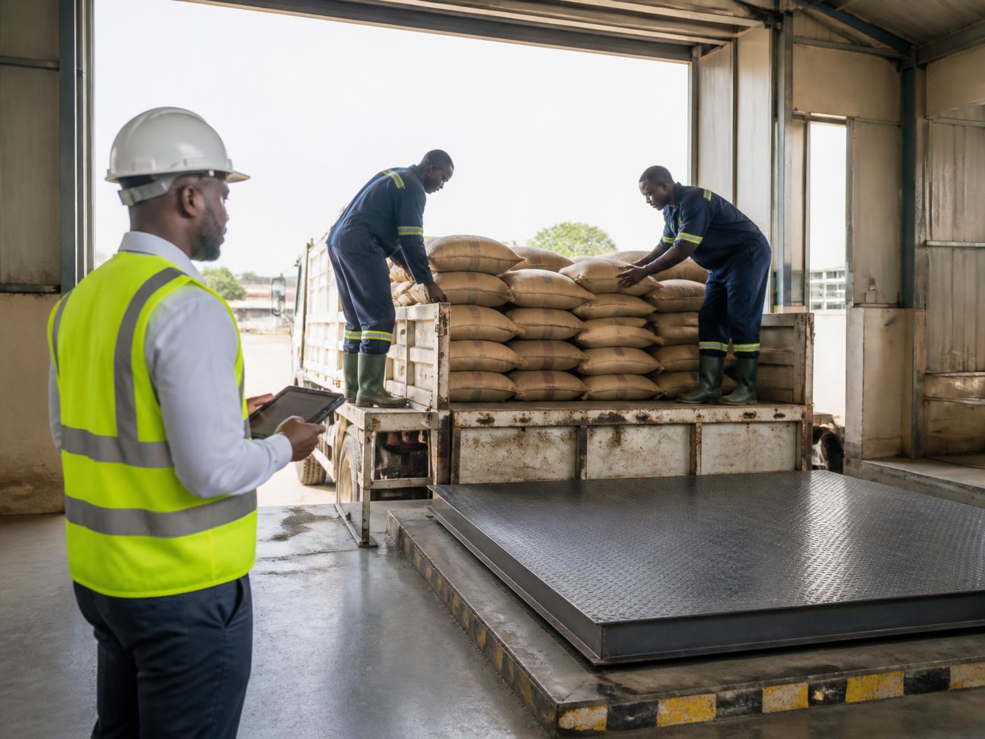 Supervisor with a tablet checking a delivery onto a platform scale at an intake bay