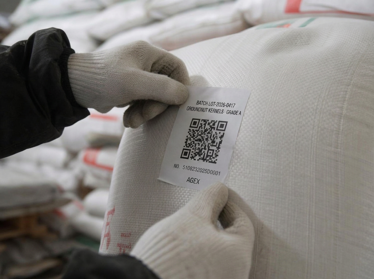 Warehouse worker applying a scannable QR batch label to a sack