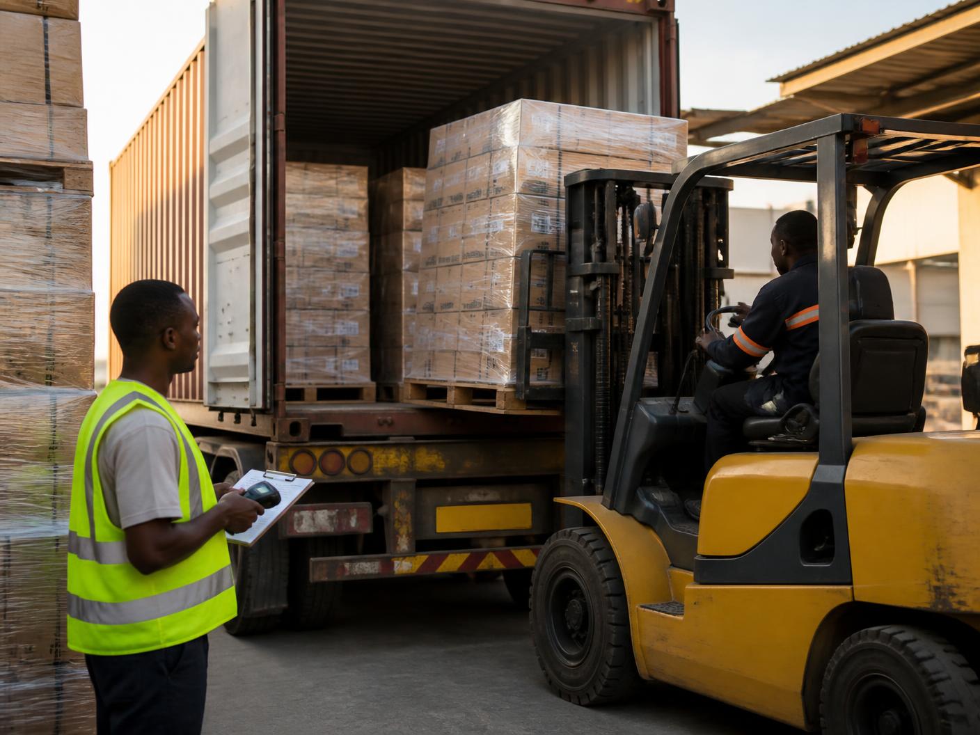 Palletised finished goods being loaded into a shipping container