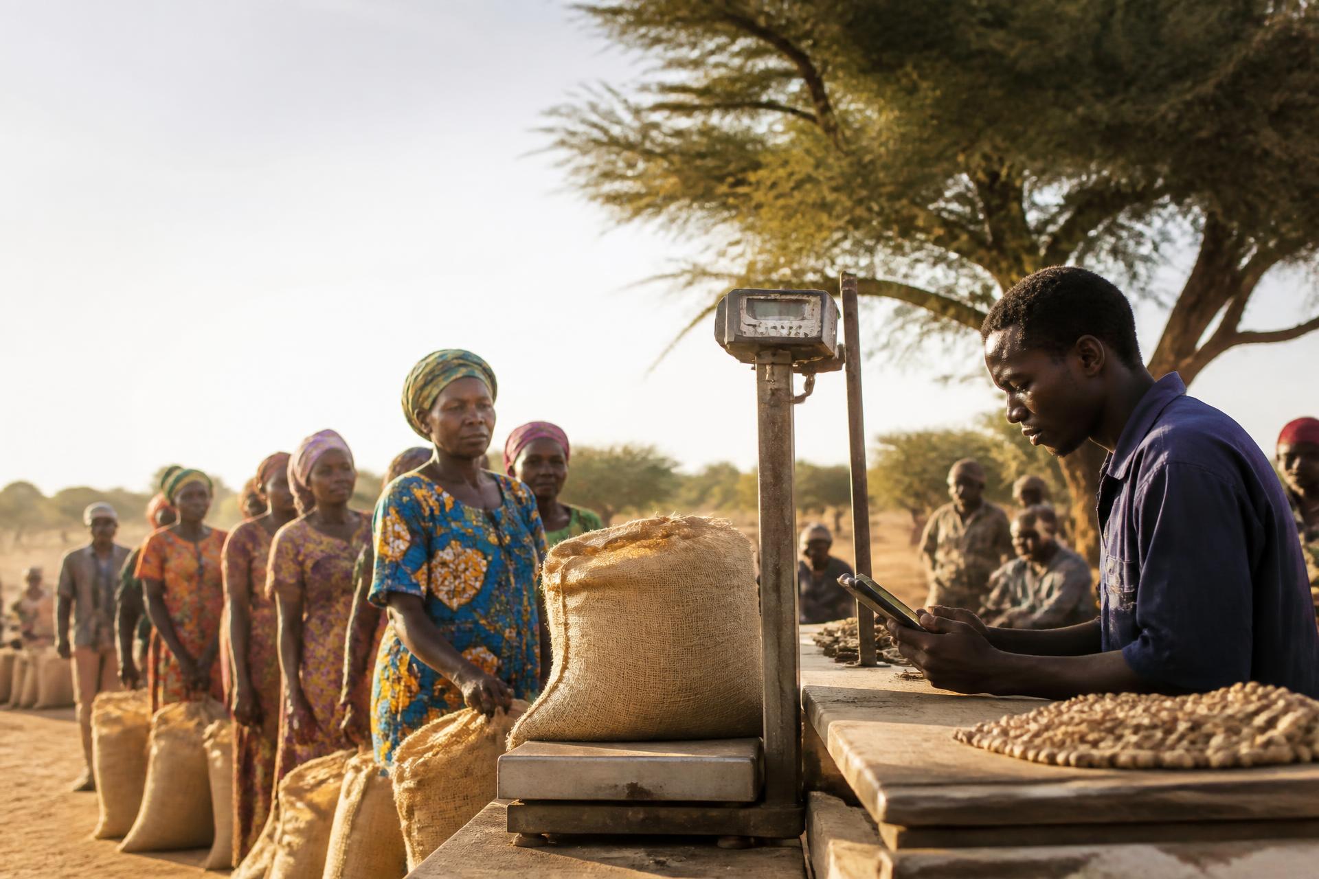 Farmers and buying-point staff weighing bags of groundnut at harvest