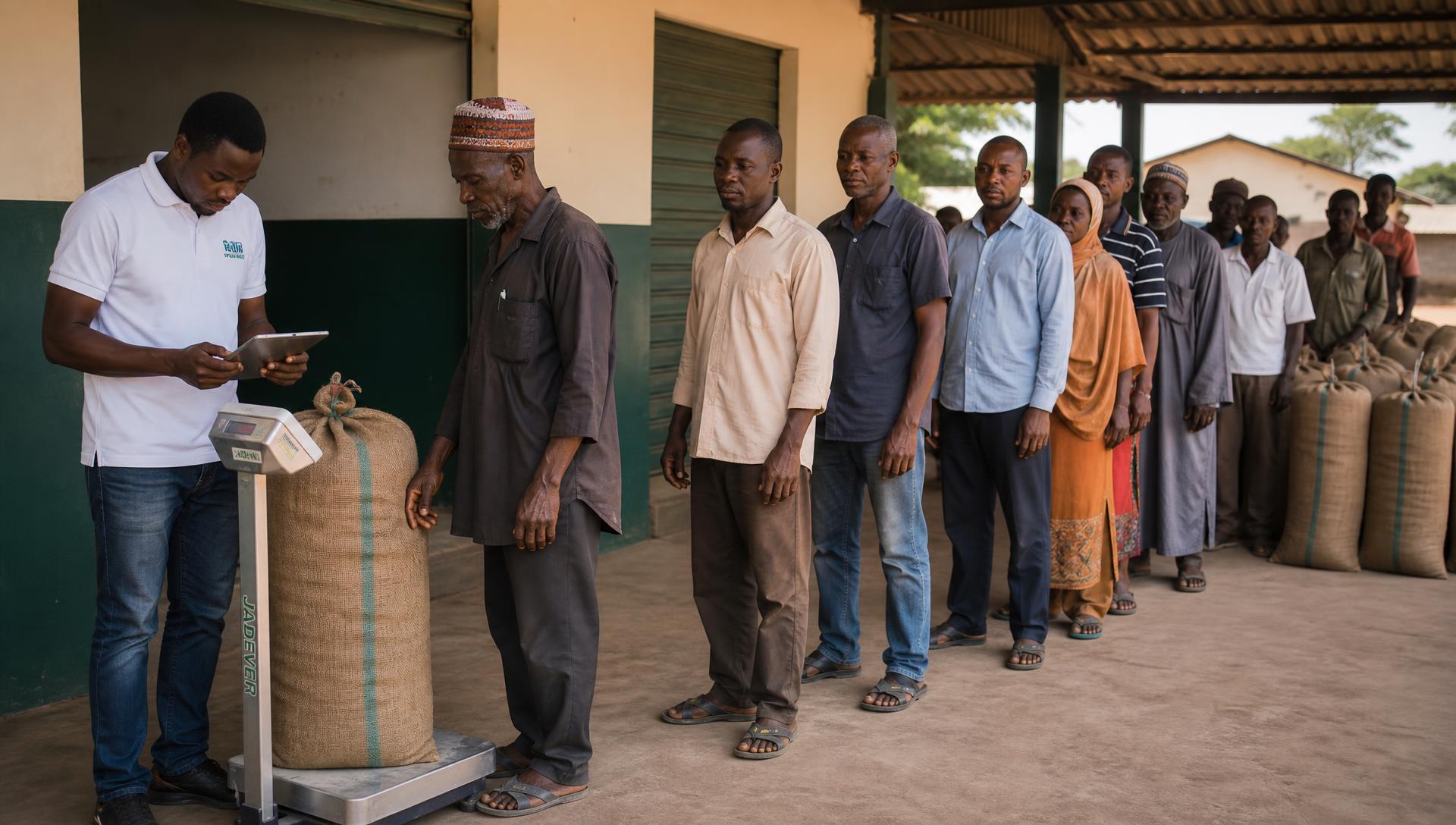 Buying-point staff weighing and recording a delivery at harvest