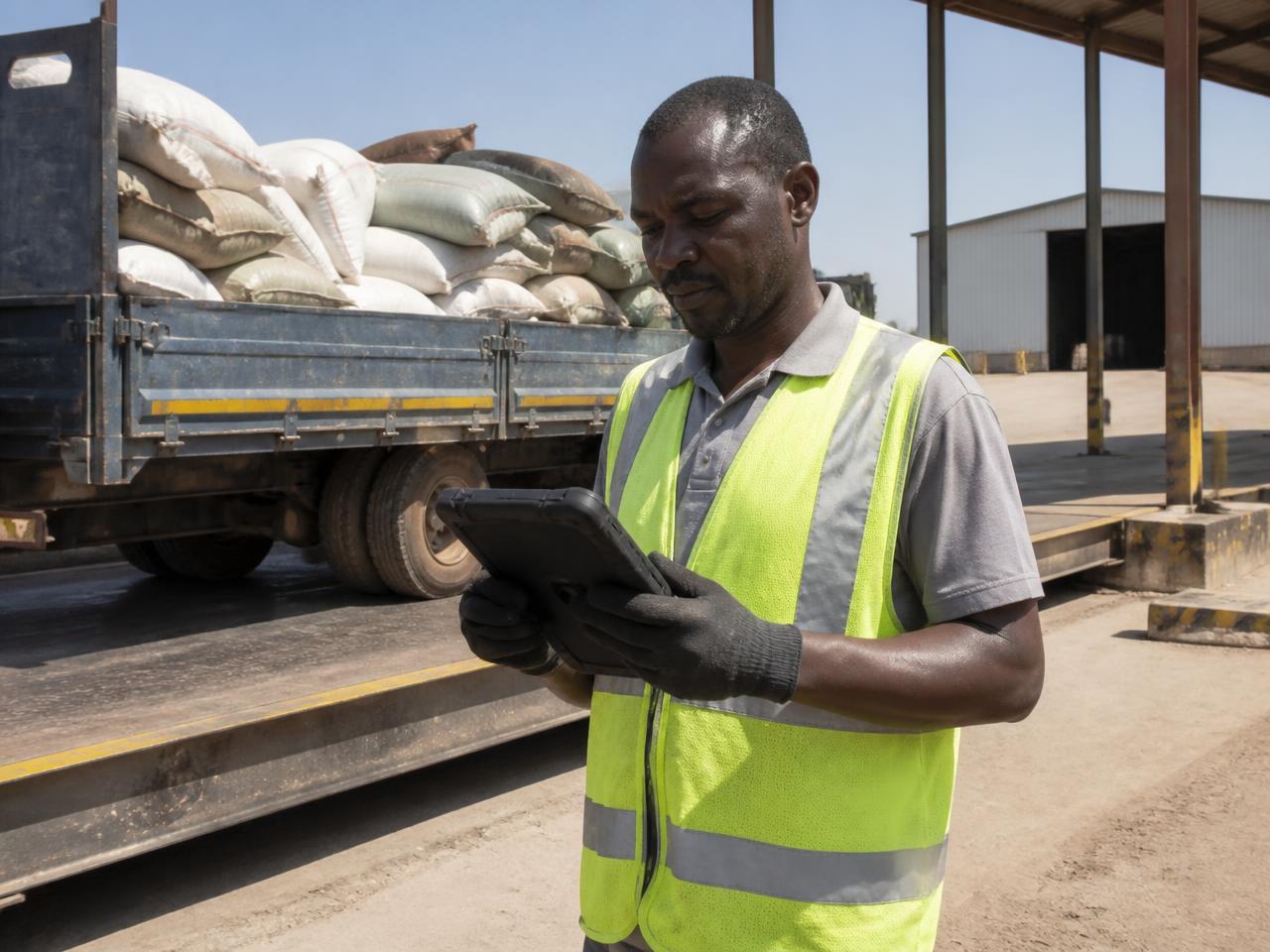 Operator recording a delivery on a rugged tablet at an outdoor weighing station in bright sun